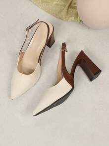 1 Pair Apricot Women's High Heel Sandals, Soft Suede PU Fabric, Pointed Toe Low Vamp Chunky Heel Elevated Back Heel With Metal Buckle Design, Fashionable Elegant Princess Style Wedge Sandals, Suitable For Daily Casual, Vacation, Holiday, Party, Shopping, Office - Apricot - View 2