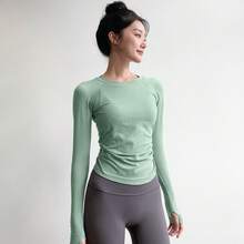 新作スリムフィットヨガトップス、女性用ラウンドネック、タイトフィットスポーツ長袖、ランニング速乾性ピラティストレーニングフィットネスウェア - ミスティブルー - チェックする 4