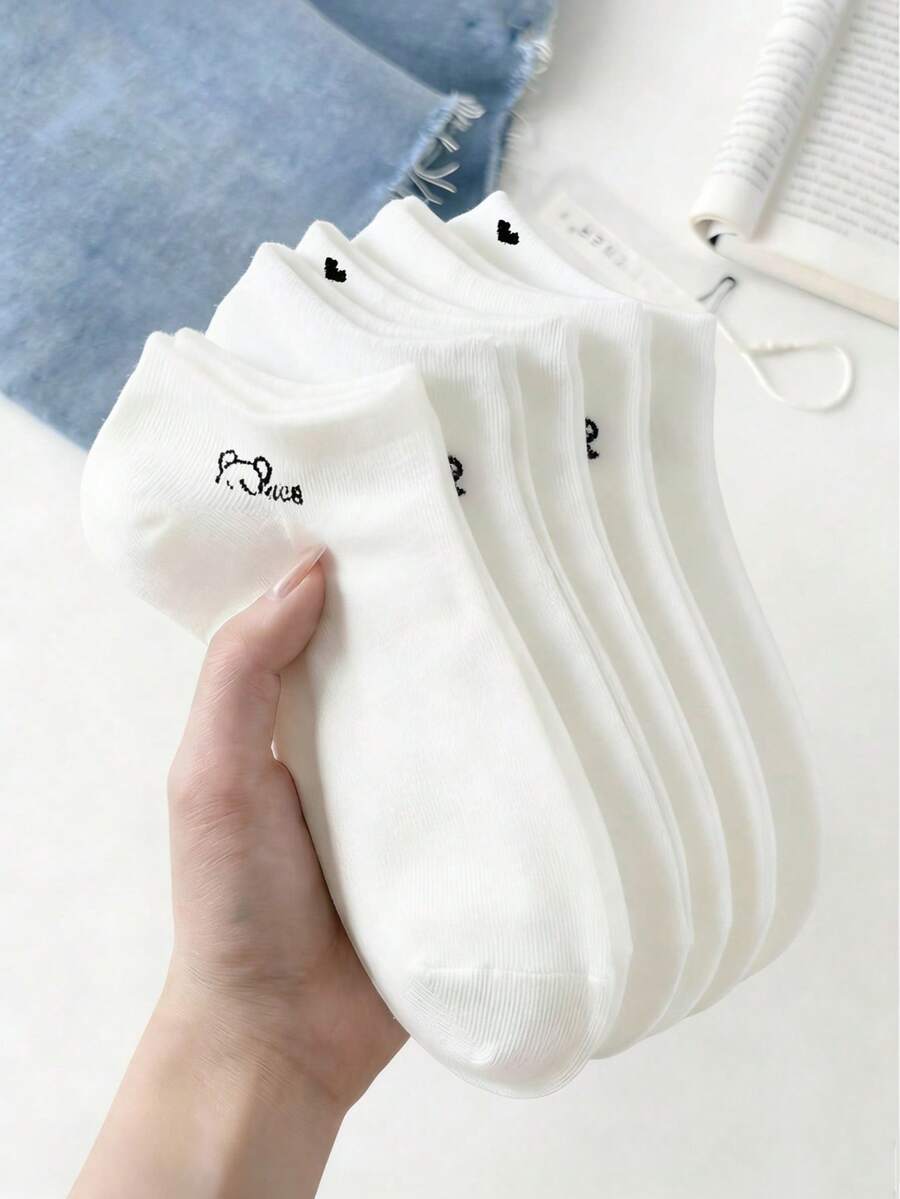 5 pares de calcetines de tobillo con diseños aleatorios de moños, corazones y osos de peluche, de color blanco y transpirables - Multicolor - Ver 1