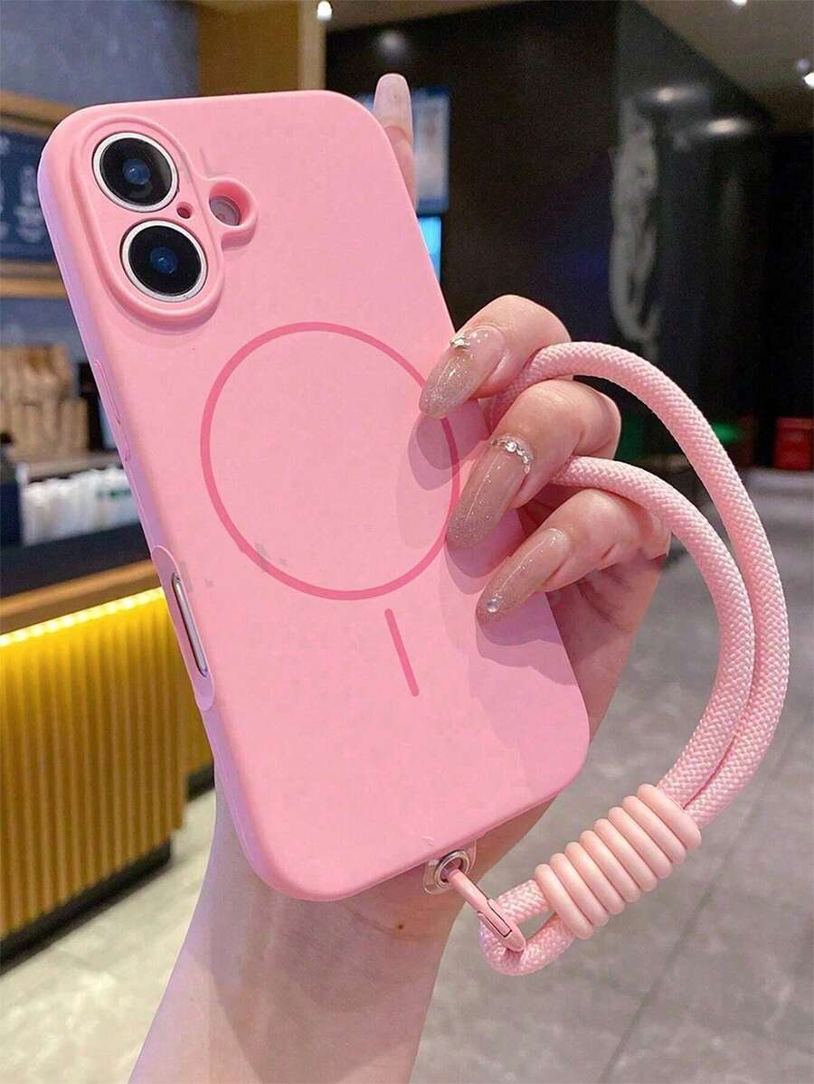 1pc Matte Liquid Silicone Minimalist Magnetic Phone Case With Short Lanyard, Compatible With IPhone 16 15 14 13 12 Pro Max Plus, Wireless Charging Soft Silicone Back Cover - Pink - View 1