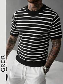 GRDR 男士极简条纹基础款圆领短袖针织衫，春夏款 - 黑色 - 查看 1