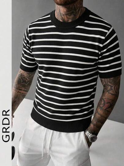  GRDR 男士极简条纹基础款圆领短袖针织衫，春夏款