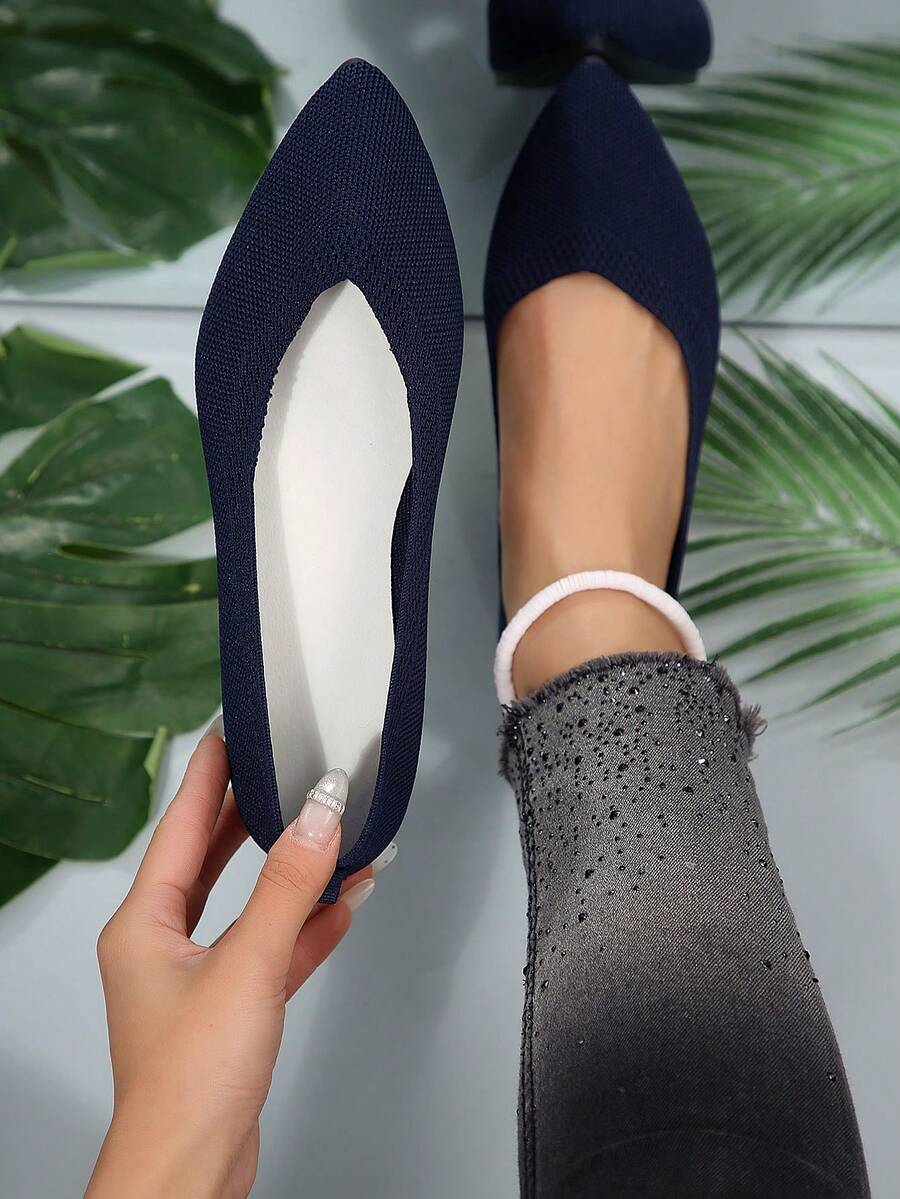Zapatos de mujer tejidos con cuentas, nuevos zapatos planos de punta estrecha, transpirables, de unicolor, para la primavera - Azul Marino - Ver 1