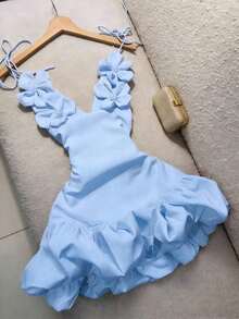 Valentine's Day Party Cocktail Dress, Puff Dress, 3D Floral Strap Mini Dress Summer Elegant - 淺粉色 - 查看 4