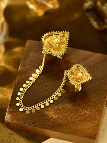 1pc Adjustable Ring, Luxury Style Copper Gold-Plated Heart Chain Connected Finger Ring, Suitable For Women Wedding Party Accessories - Yellow Gold - View 5