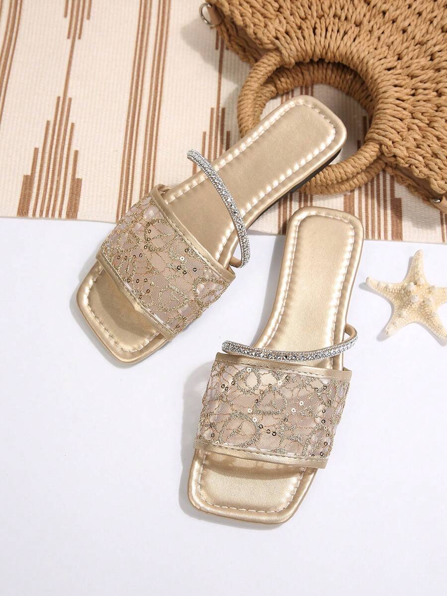 Sandalias planas de verano para mujer con punta abierta: Chanclas cruzadas anudadas de nicho para uso casual diario, diapositivas de playa de verano suaves para exteriores - Dorado - Ver 1