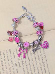 1条粉色豹纹蝴蝶结爱心吊坠手链，时尚豹纹手链，粉色豹纹樱花爱心手链，可爱巧克力爱心手链 - 銀色 - 查看 8