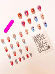 30pcs/Set Y2K Summer Colorful Ocean Element Short Almond Shaped Press-On Nails, Featuring 3D Orange & Blue Wave, Cute Starfish, Dolphin, Pearl Decor, Ideal For Girls/Women Daily Wear & Summer Beach Essentials - Multicolor - View 4