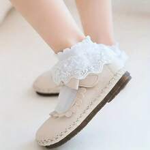 3双装女童白色蕾丝荷叶边短袜，柔软透气网眼荷叶边袜，公主风可爱荷叶边袜，适合儿童日常穿着和角色扮演。 - 白色 - 查看 4