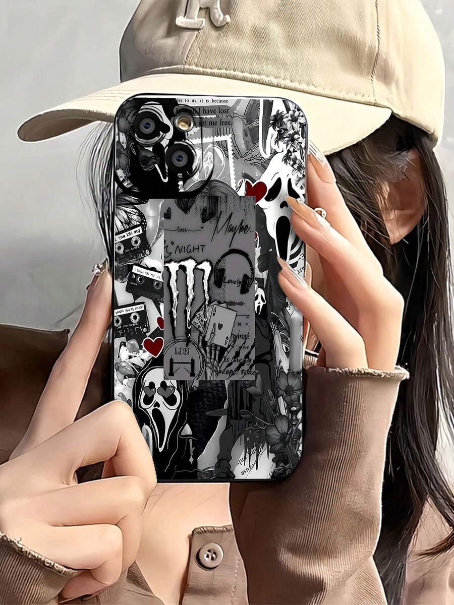 Collage estético en blanco y negro de Ghostface Monsterfunda de teléfono Fundas compatibles con ,Apple,VIVO,OPPO,,, y Honor.Fabricadas en silicona TPU,ofrecen protección contra golpes y caídas. - Negro - Ver 1