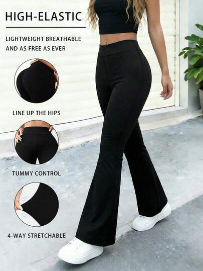 Quần legging nữ cạp cao ống loe, quần legging nâng mông ống loe, quần yoga ống loe ôm sát không đường may, quần legging thể thao ống rộng màu trơn, quần tập luyện định hình vòng ba màu đen, quần skinny thường ngày, quần thể thao.
