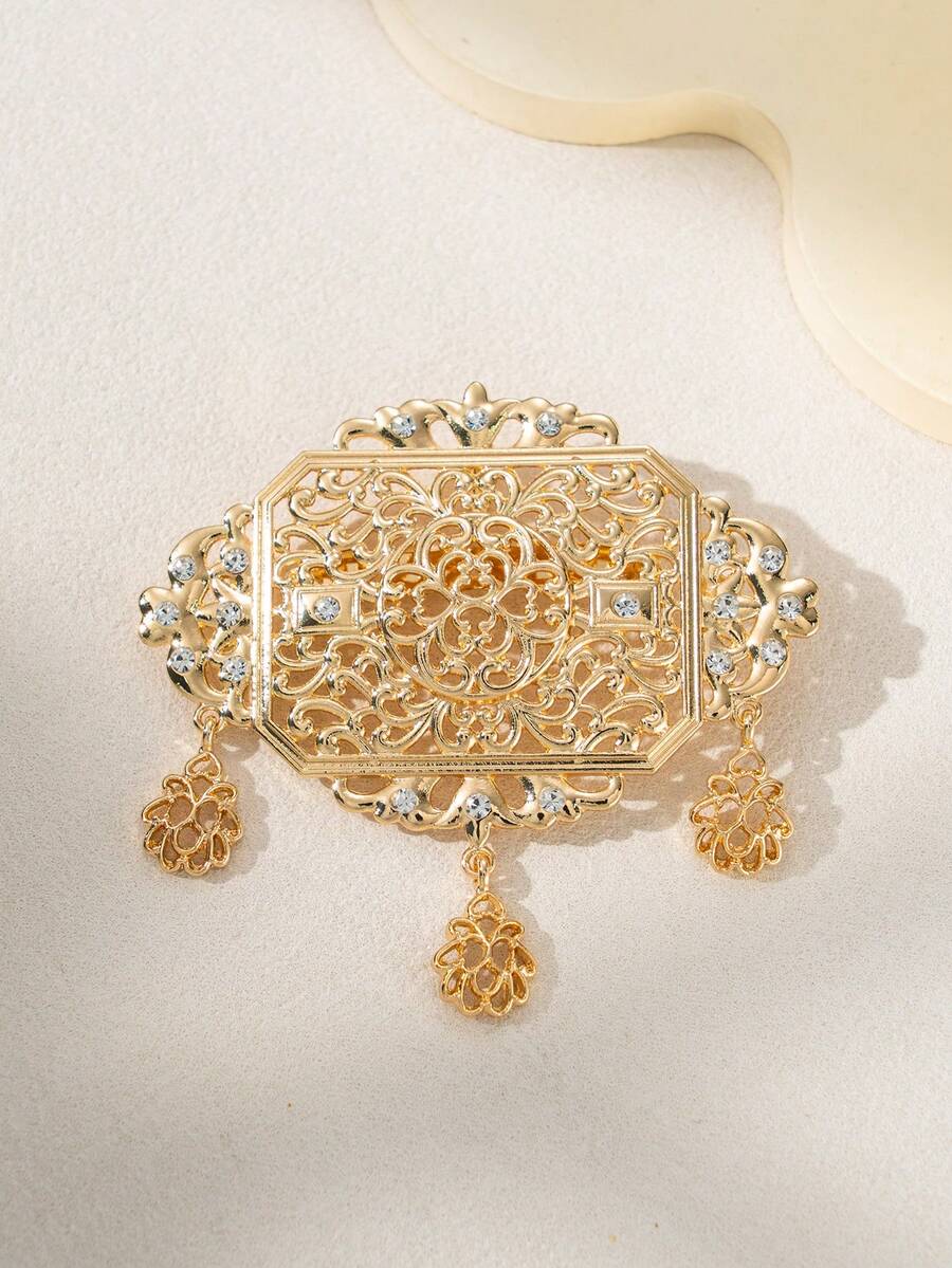 1 件阿拉伯花卉图案镀金女士胸针、围巾夹、摩洛哥新娘胸针、中东时尚珠宝、婚礼和节日 - 金色 - 查看 1