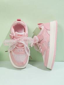 1 Pair Kids' New Fashion Breathable Mesh Soft Bottom PU Hook And Loop Design Cute Outdoor Running Flat Sports Shoes, Suitable For All Seasons - Pink - View 5