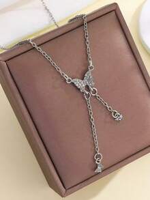 1pc Steel Color Bowknot Necklace With Tassel, Rhinestone Decor Elegant Necklace, Daily Accessory & Gift Jewelry - Silver - View 5