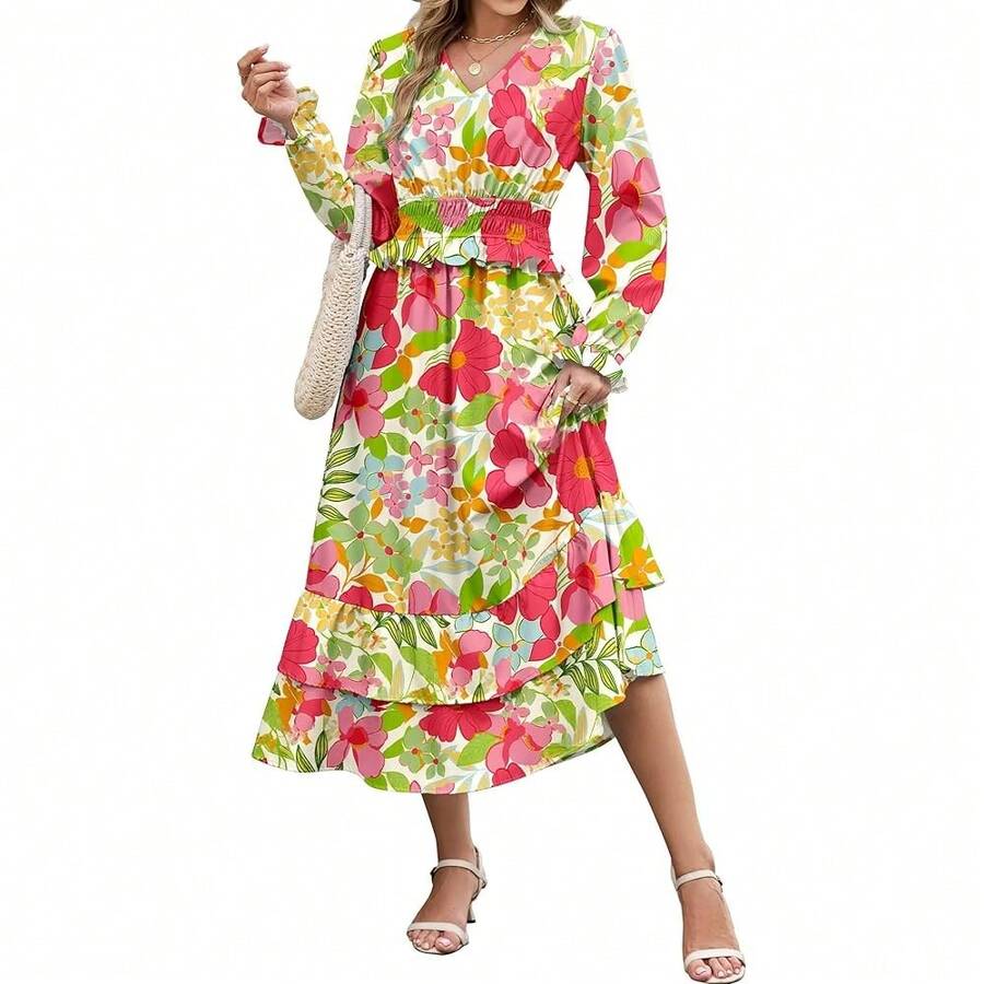 Women's Floral Midi Dress Long Sleeve V Neck Smocked Ruffle Boho Fall Dress - 粉色 - 查看 1