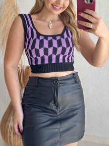 Women's Cropped Knit Top With Diamond Check Print, Casual Summer Fashion, Comfortable, Lavender - 紫丁香色 - 查看 2