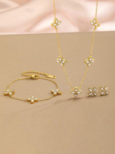 Set de 3 piezas: Elegante y exquisito collar con colgante de trébol de cuatro hojas, pulsera y aretes de acero inoxidable chapado en oro de lujo ligero, adecuado para uso diario de mujeres y niñas, accesorio de joyería como regalo de cumpleaños