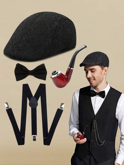 Bộ phụ kiện cổ điển D EXCEED thập niên 1920 dành cho nam giới gồm mũ nồi, nơ và dây đeo quần, thích hợp cho biểu diễn sân khấu, tiệc theo phong cách thập niên 1920, cosplay, quà tặng ngày Valentine, tiệc theo chủ đề.