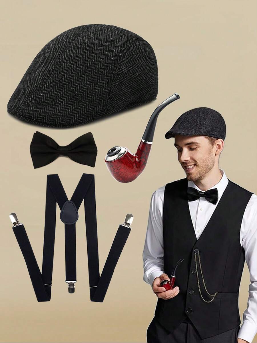 4 Stück D EXCEED 1920er Jahre Vintage Accessoire Set für Herren mit Barett, Fliege, Hosenträger für Theateraufführungen, 1920er Jahre Vintage Party, Cosplay, Valentinstag Geschenk, Themenparty - Verschiedenfarbig - Übersicht 1