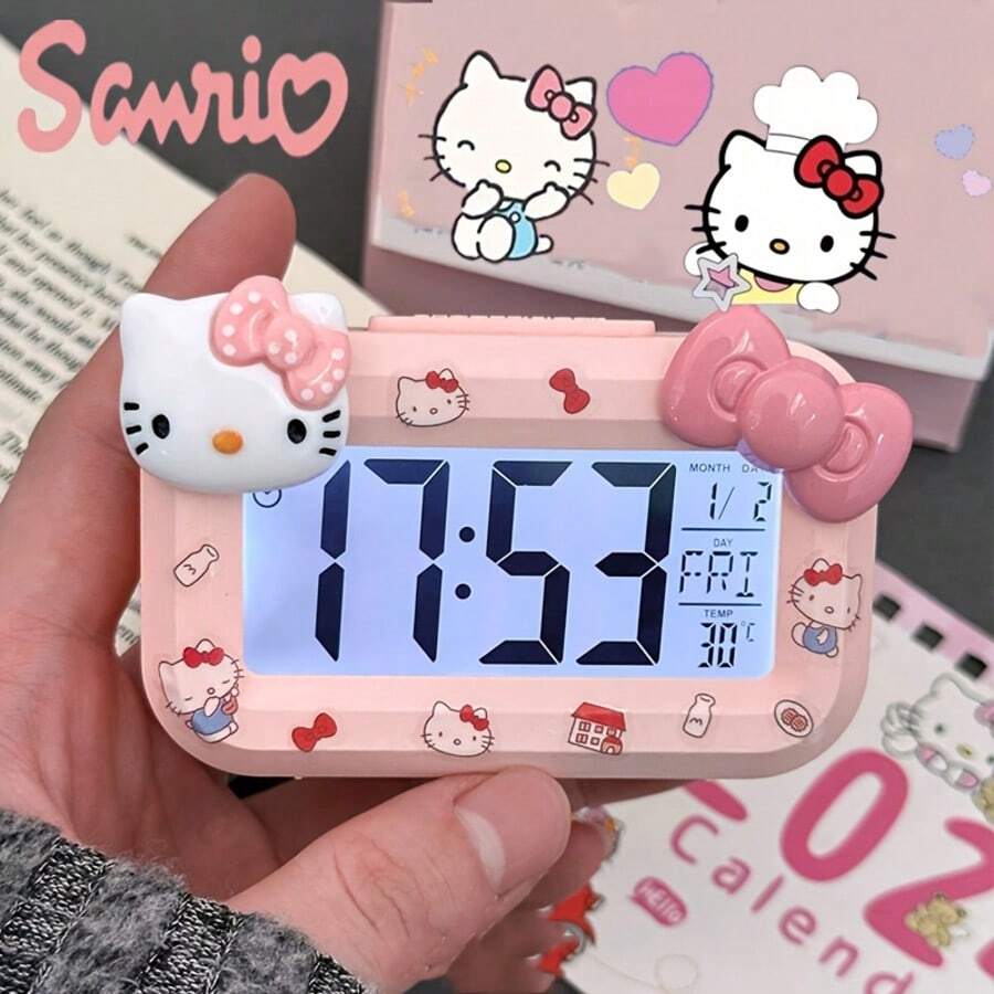 SANRIO 三麗鷗 Hello Kitty 粉色鬧鐘,大螢幕顯示,可愛動漫小夜燈桌面裝飾,適合宿舍與臥室,迷人禮物選擇,可愛鬧鐘 - 多色 - 查看 1
