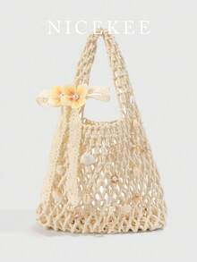 时尚轻便的镂空海螺壳单肩包，优雅的蝴蝶结花朵手提包，设计独特，休闲简约的个性化钩针编织包，适合日常度假、海滩郊游、派对等场合。 - 米色 - 查看 1