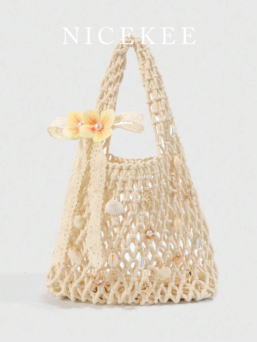 时尚轻便的镂空海螺壳单肩包，优雅的蝴蝶结花朵手提包，设计独特，休闲简约的个性化钩针编织包，适合日常度假、海滩郊游、派对等场合。 - 米色 - 查看 1