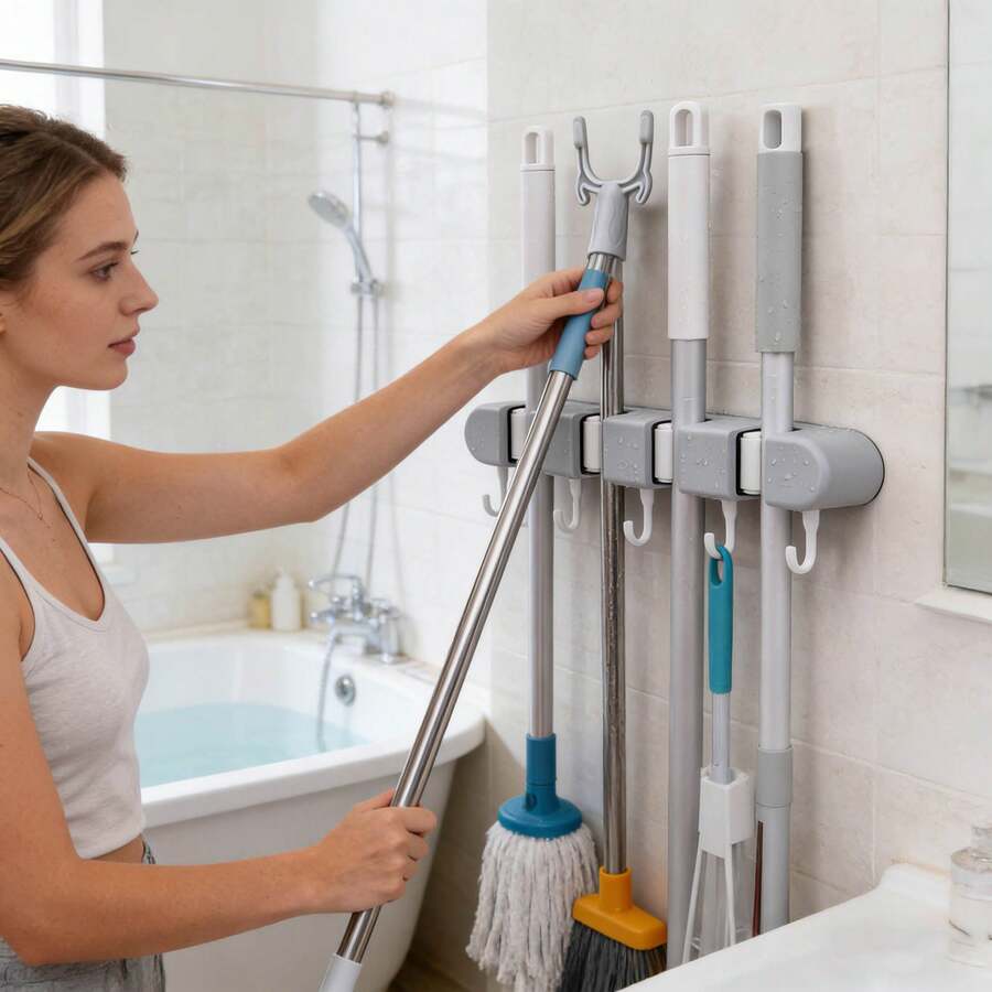 Wall-Mounted Mop And Broom Stand | Bathroom No-Drill Adhesive Storage Box | Heavy-Duty Plastic With Flexible Silicone Clips | Multi-Hook Design For Household Cleaning Tools | Saves Space, Easy To Install, Bathroom Organizer And Storage