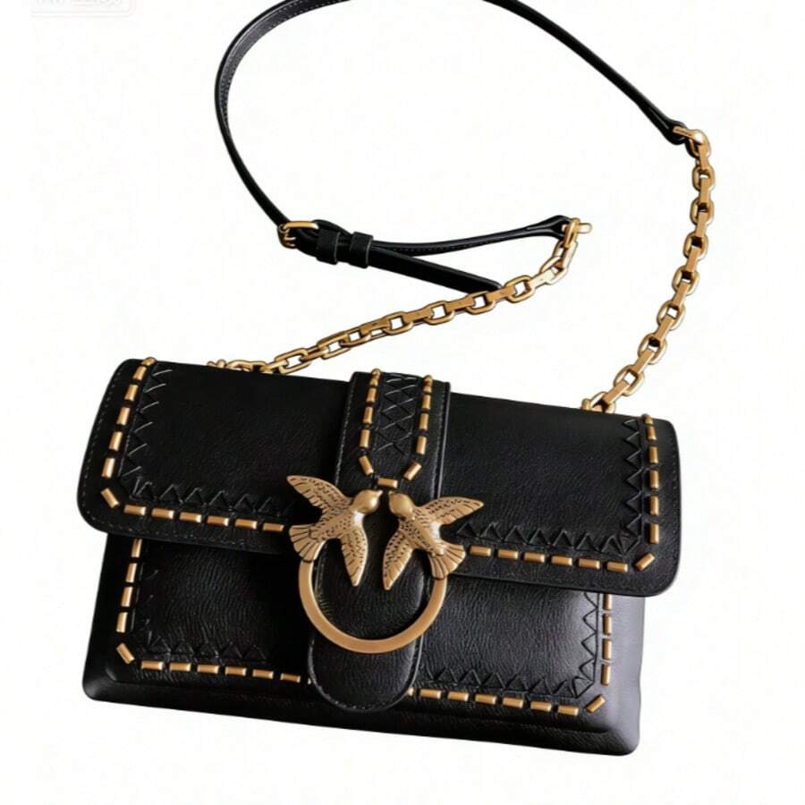 Saddlebag Made Of High-Quality Cowhide Leather, Decorated With Rivets, Women's Bag For Carrying Over The Shoulder. - 黑色 - 查看 1