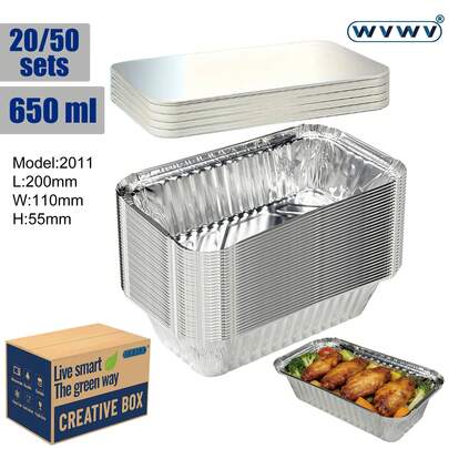 20 szt., 650 ml, wytrzymałe aluminiowe formy do pieczenia z pokrywkami, odpowiednie do pieczenia, ciast, podgrzewania, przygotowywania posiłków i przechowywania resztek, odporne na ciepło i układane w stosy – idealne do cateringu, na imprezy, do domowych kuchni, na przyjęcia i święta