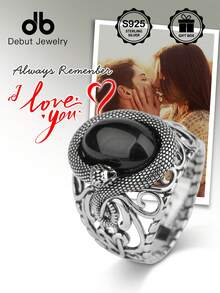 1pc S925 Silver Snake Ring With Black Agate, Vintage Gothic Style Hollow Floral Design Ring, Suitable For Daily Wear, Party, Gift For Boyfriend, Comes With Gift Box - Snake-shaped Black Agate - View 8