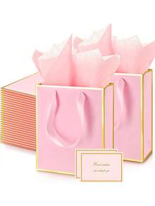 30个玫瑰金高级金属纸礼品袋，带提手和内衬，贺卡 - 金色镶边欢迎卡、感谢卡和礼品袋，非常适合毕业典礼、婚礼、伴郎、新娘、婴儿派对、节日派对、生日、复活节、母亲节和派对礼品。 - 粉金禮品袋 - 查看 7