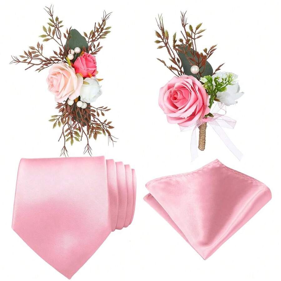 Pcs Rose Corsage And Boutonniere Set Ties And Pocket Square For Men Wristlet Band Bracelet Wedding Accessories - 粉色 - 查看 1