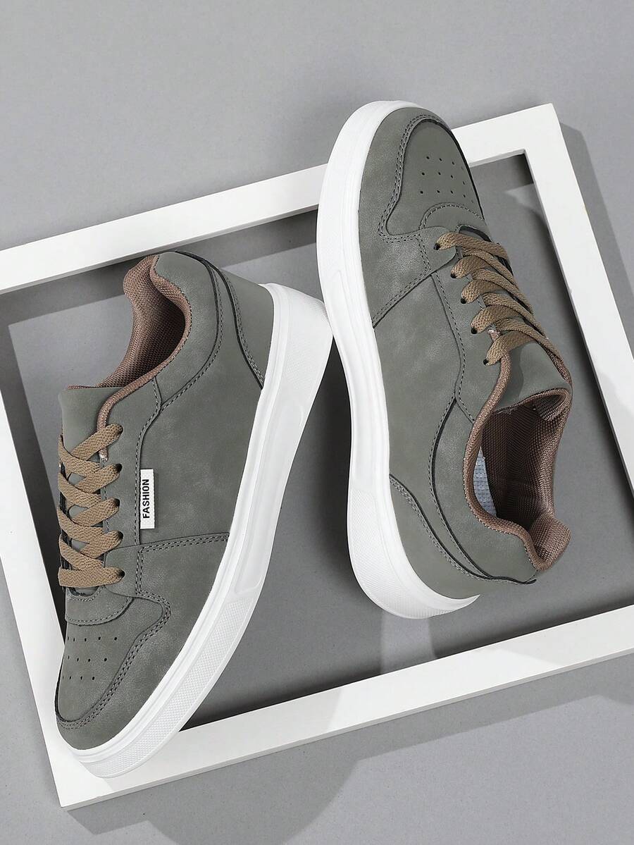 男士运动鞋，时尚系带休闲鞋，滑板鞋，街头风个性化男鞋 - 軍綠色 - 查看 1