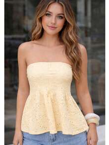 Strapless Peplum Blouse In Lace, Casual Chic Style - Yellow - View 1