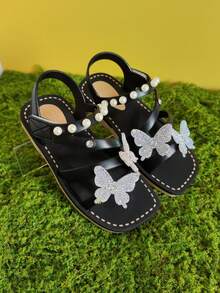 1 Pair Girls' Shiny Butterfly Decor Fashion Sandals, Comfortable Breathable Flat Sandals Suitable For Outdoor, Travel, Spring/Summer - Black - View 12
