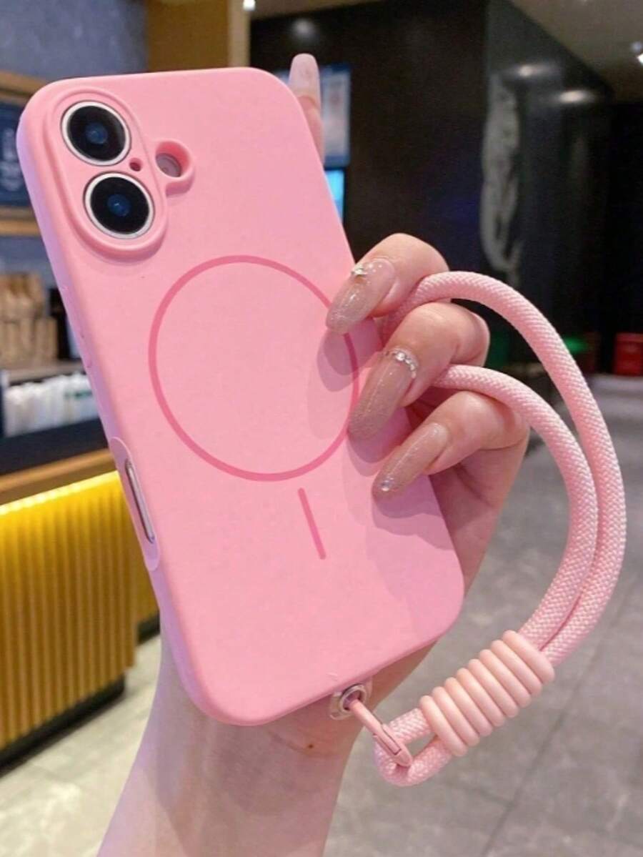 适用于 17/16/15/14/16 Plus/13/12/15 Pro Max/14 Plus/17 Pro Max/16 Pro 的 1 件装液态硅胶磁吸保护壳，带挂绳，支持 Magsafe 无线充电。 - 粉色 - 查看 1