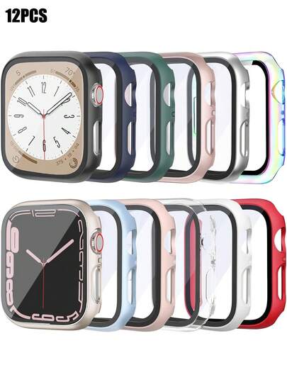 12件/套 男女通用 PC + 钢化玻璃一体式保护壳，防摔时尚休闲保护套，适用于 40/41/42/44/45/46/49mm，适用于 Series Ultra/SE/11/10/9/8/7/6/5/4，智能手表保护壳配件