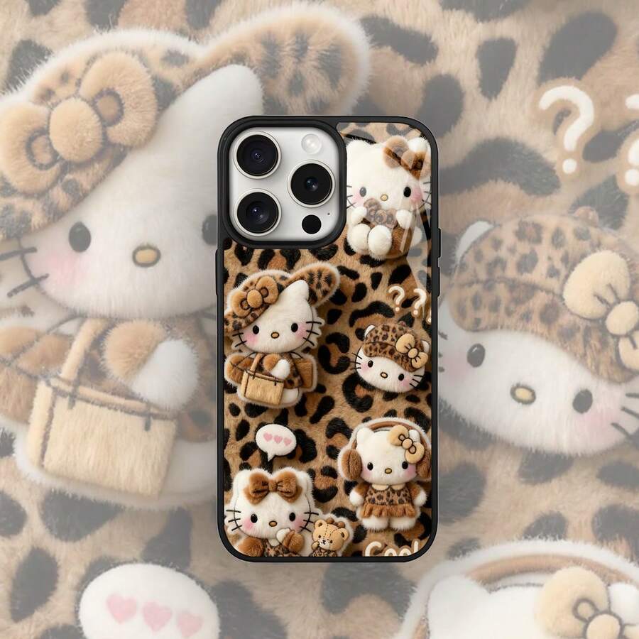 SANRIO 1 pieza Nueva Funda de teléfono de acrílico con licencia oficial, diseño creativo de estampado de leopardo y gato, cubierta protectora gruesa y resistente a los golpes compatible con Apple 17 Pro Max/Air, 16, 11/12/13/14 Plus, XR, 7/8 Plus, 15 Pro Max - Negro - Ver 1