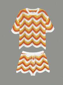 Women's Spring European And American Fashion Hollow Crochet Knit Short Sleeve Top And Casual Shorts Two Pieces Set Vacation - 多色 5 - 查看 6