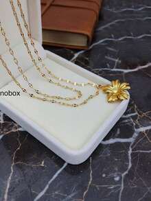 1pc Stainless Steel 18K Gold Plated Double Layer Floral Pendant Necklace, Elegant & Versatile Daily Decoration For Women ZBLY - Gold - 查看 8