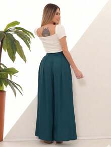 Women's Wide Leg High Waist Wide Leg Pants - Teal Blue - View 10