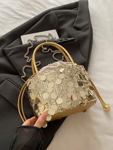 时尚休闲亮片水桶包，复古优雅单肩斜挎包 - 金色 - 查看 8
