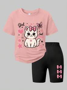 2pcs/Set Girls Cute Cat Print T-Shirt + Biker Shorts Set, Soft Fabric, Summer Casual Outfit - Pink - View 2