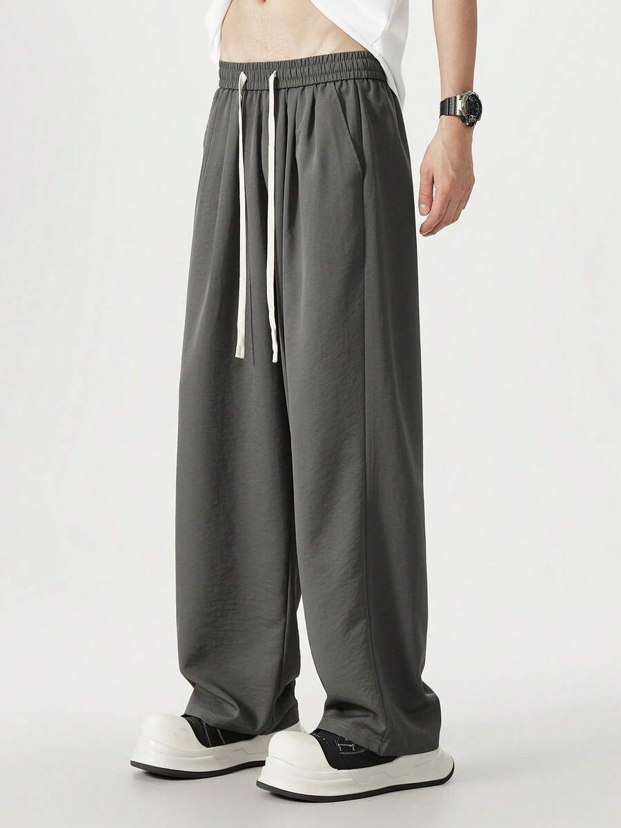 Plus Size Gray Casual Pants, Men's Loose Slimming Drawstring Draping Linen Straight Leg Trousers - Grey - View 1