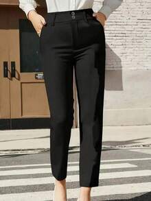 Women's Casual Business Solid Color High Waist Double Button Design Slant Pocket Slim Fit Skinny Pants - Màu Khaki - Xem 11