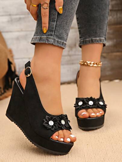 1 Pair Women's Summer Casual Floral Decor Platform Wedge Sandals, Fashionable And Versatile