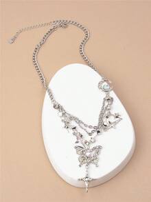 1pc Fashionable Vintage Rhinestone Butterfly Pendant With Star & Moon Charm Chain Match Stainless Steel Women's Necklace - 銀色 - 查看 4