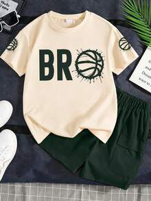 Set de 2 piezas de camiseta de manga corta con cuello redondo suave y pantalones cortos con patrón numérico lindo y casual para niños, para verano - Albaricoque - Ver 1