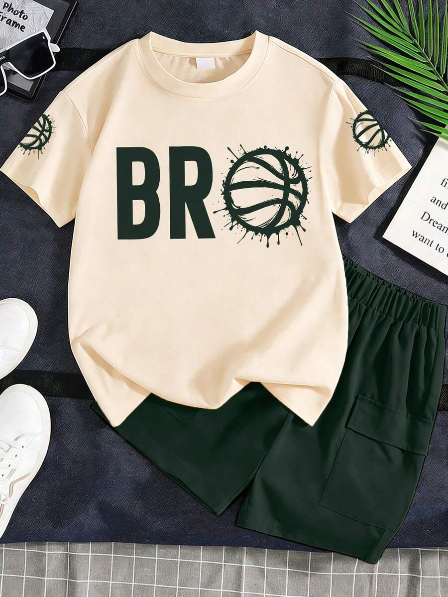 Set de 2 piezas de camiseta de manga corta con cuello redondo suave y pantalones cortos con patrón numérico lindo y casual para niños, para verano - Albaricoque - Ver 1