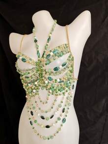 Bộ bikini chiffon mới mùa Xuân/Hè 2026, dây đeo thân unisex, phụ kiện áo ngực gợi cảm cho hộp đêm, lễ hội âm nhạc, bikini in hoa hình thoi bóng bẩy lãng mạn, bãi biển, khu nghỉ dưỡng, hộp đêm, lễ hội âm nhạc, tiệc tùng. - màu xanh lá - Xem 8